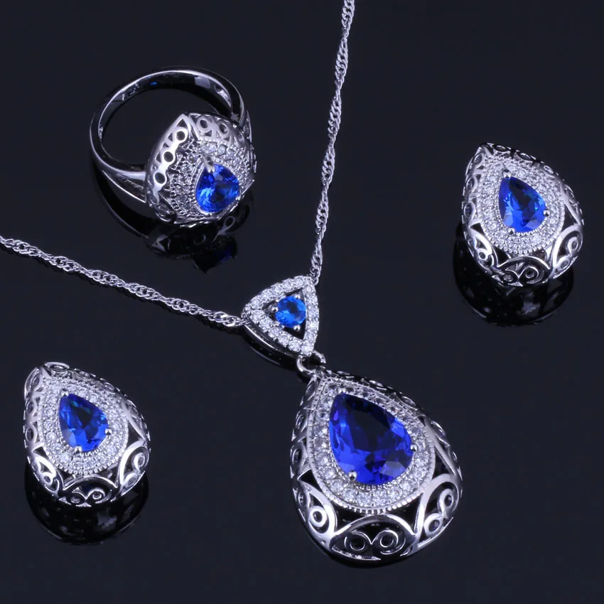 

Water Drop Blue Cubic Zirconia White CZ Silver Plated Jewelry Sets Earrings Pendant Chain Ring V0315