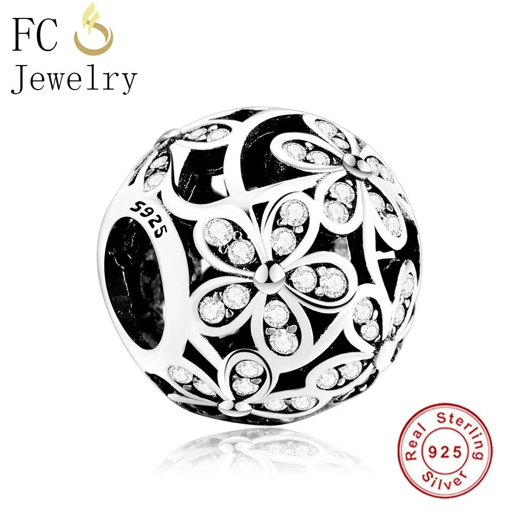 Красивый ажурный Шарм-бусины в виде цветка CZ 925 серебро Подходит Pandora талисманы браслет Европейский Berloque для изготовления ювелирных изделий