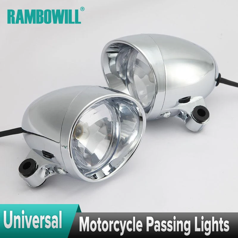 2x Motorcycle Headlight Universal Chrome 12V Bicycle Headlamp Motor bike Driving Auxiliary Passing Light Soure Custom Bullet ABS