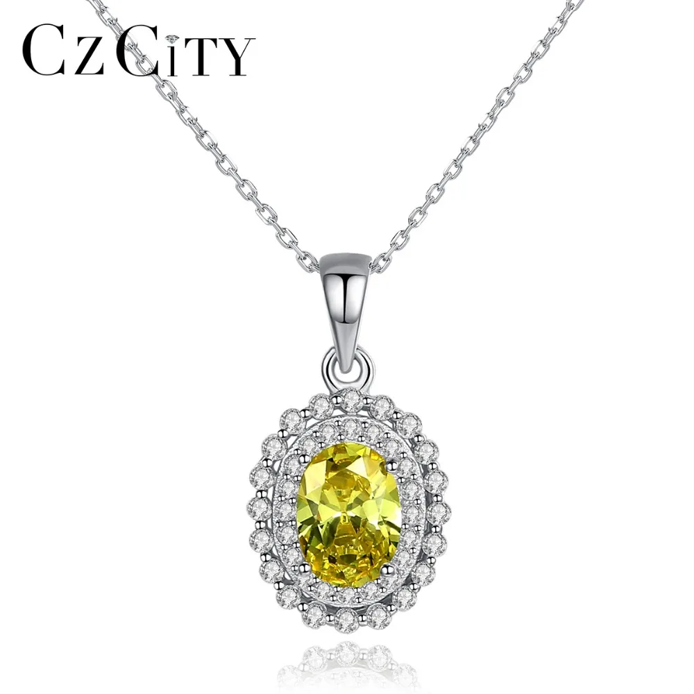 

CZCITY Mystic Yellow Oval Birthstone Brilliant Pendant Necklace for Women Bright Sun Flower Wedding Necklace Silver 925 Jewelry