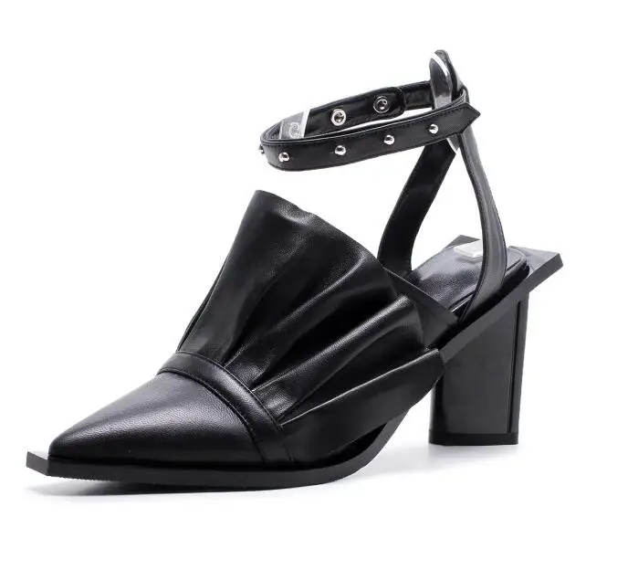 Summer genuine leather dress Sandals women square high Heels ruffles flowers bowties rivets pumps party shoes sapato feminino - Цвет: black 8 cm heel