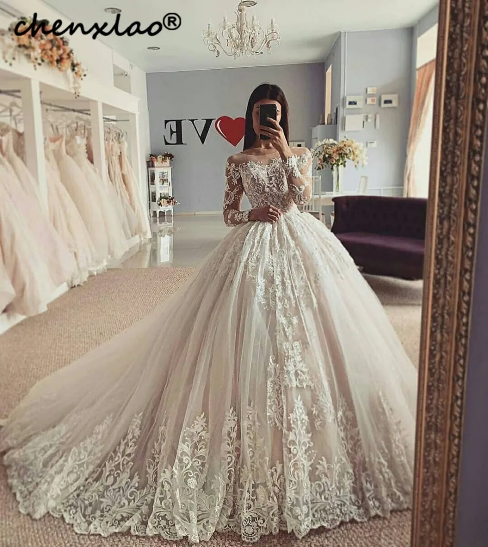 

2019 New Listing White Wedding Dress Full Sleeves Lace Appliques Beaded Wedding Dresses Bridal Gowns Vestido de Noivas