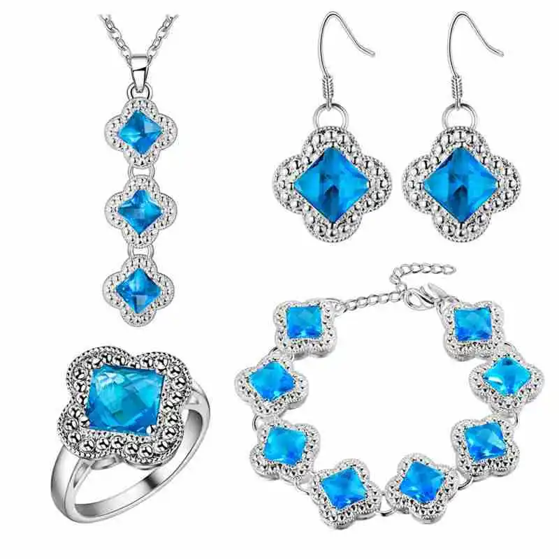 

BRACELET RING Pendant necklace Earrings A thick silver set aliexpress explosion katami foreign trade blue gem clover
