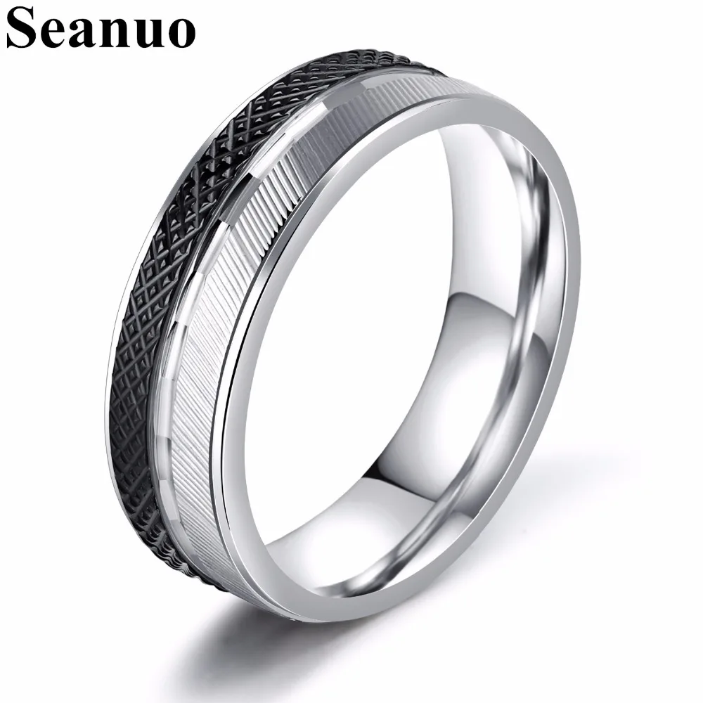 

Seanuo 6MM Black&Silver Threaded Stainless Steel Men Wedding Rings Jewelry Fashion 316L Charm Male Punk Hip-Hop Biker Ring Boys