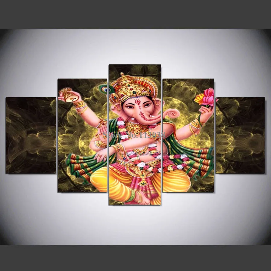 Free Shipping 5 Pieces India Lord Ganesha Printed Canvas Painting