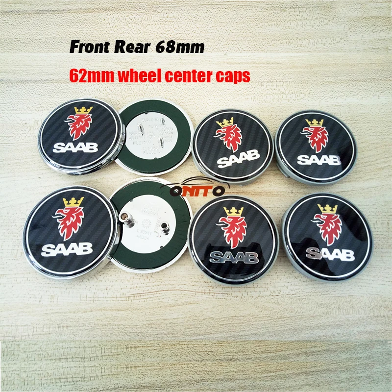 

6pcs Carbon fiber black 68mm SAAB front bonet bonnet rear boot hood badge 2/3pins for Saab 62mm Car Wheel Hub caps label decals