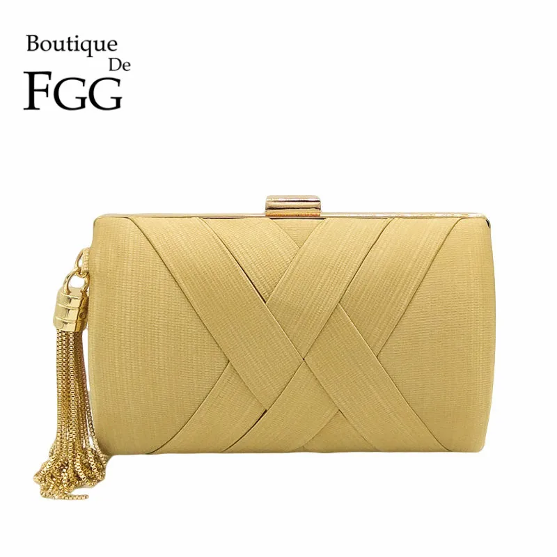 Boutique De FGG Women Gold Satin Woven Evening Bags Tassel Metal Minaudiere Day Clutches Purse