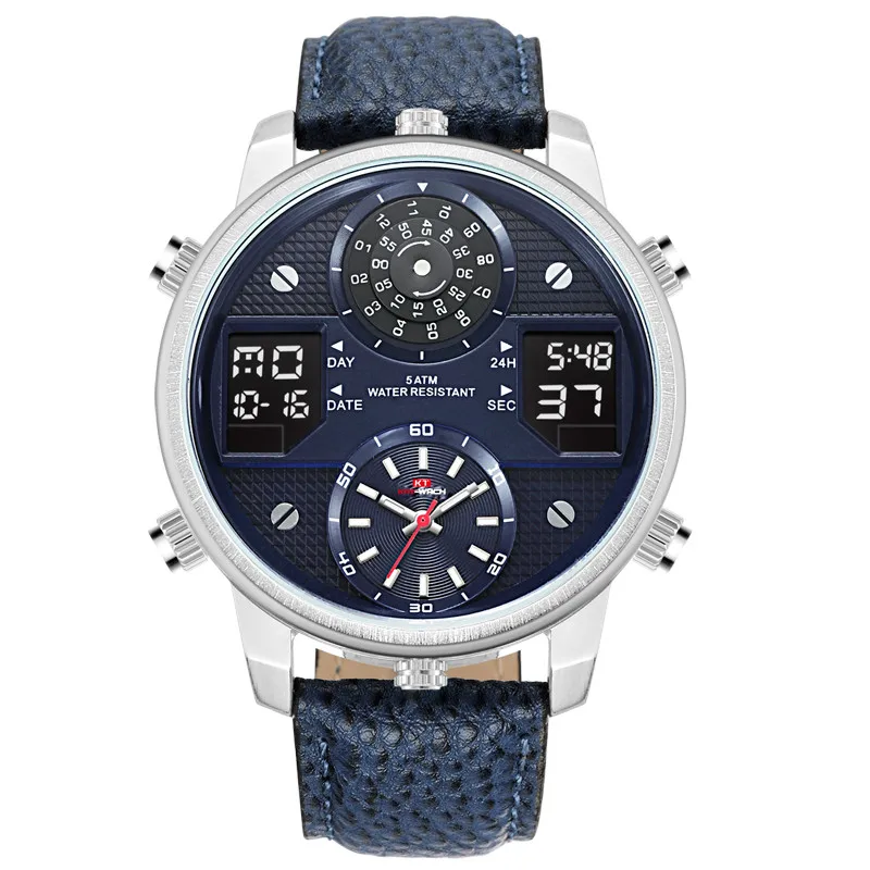 

Navy Blue Genuine Leather Strap Big Men's Watch Digital Movement with Big number Dial Easy to read Japanese Quartz Watches