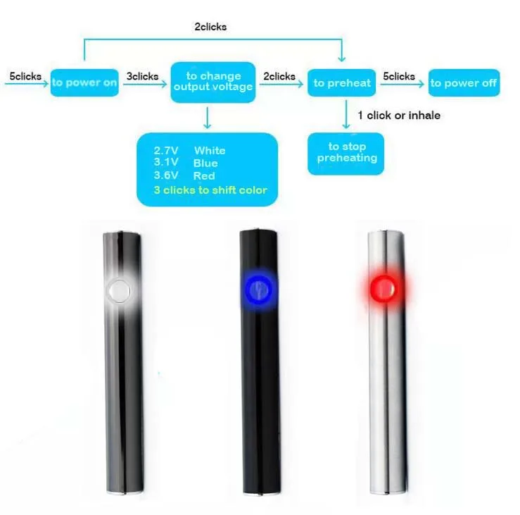 

eSmart Preheat Battery 380mAh Variable Voltage C3-C 2.7v-3.1v-3.6v eCig Battery Vape Pen 510 USB for thick oil o pen cartridge