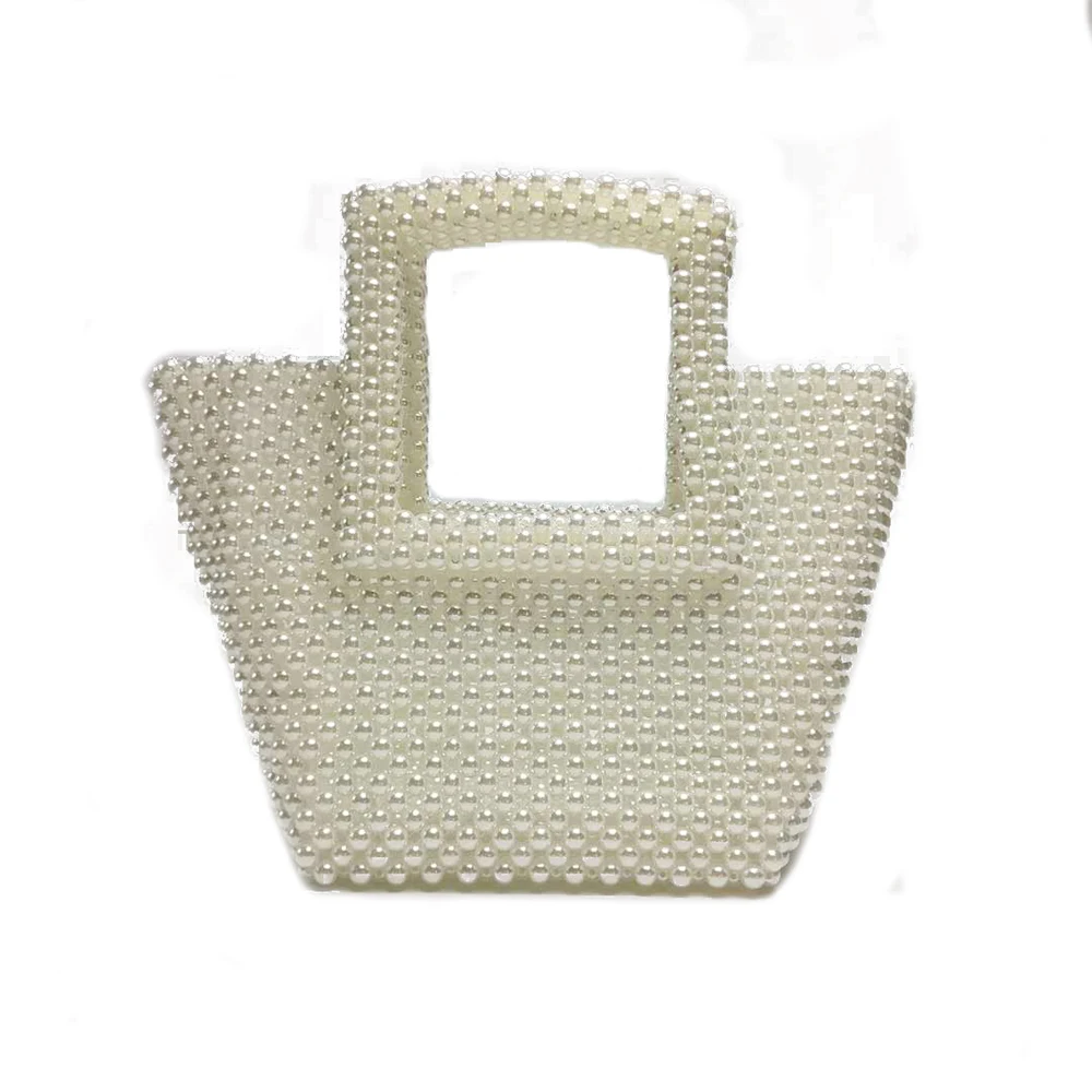 

Trapezoid Ladies Hand Bag Square Handle Box Hand-string Pearl Beaded Evening Bag for Women