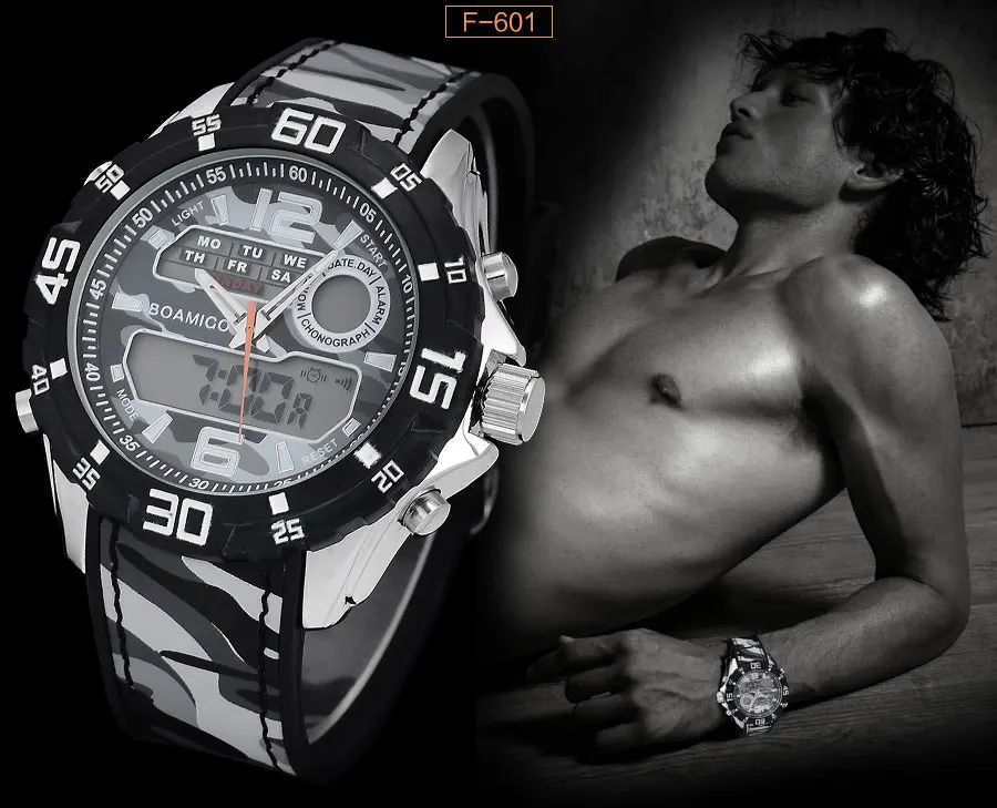 BOAMIGO Brand Men Watches Multiple Time Zone Sport Watch Rubber Band Gray Digital Analog LED Wristwatch Waterproof Reloj Hombre (19)