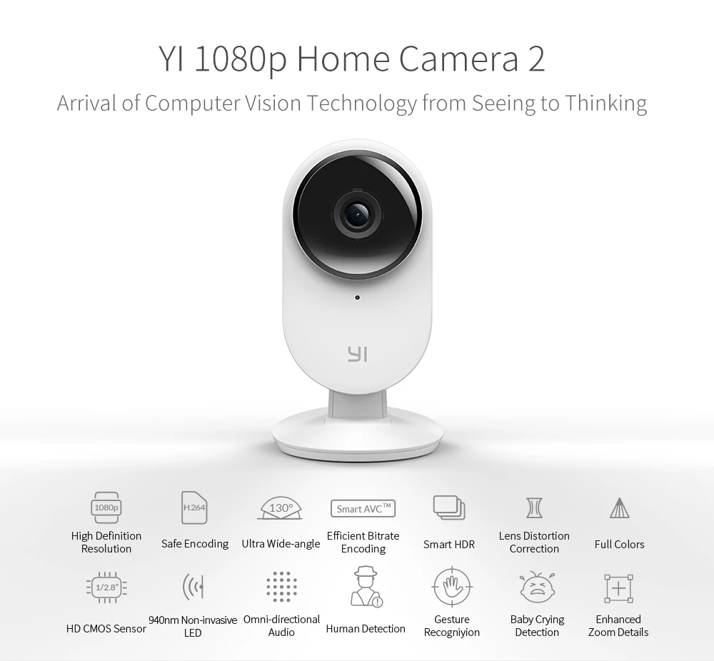 Домашняя камера YI 1080p Home Camera 2 Двусторонняя аудиосвязь Обнаружение движения Повышенное качество цифрового изображения