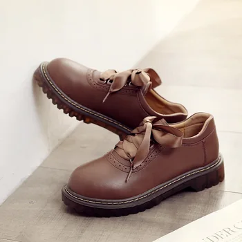 

Japanese Lolita Oxford Genuine Leather casual Flats Shoes Woman fall shoes Round Toe Lace-Up platform shoes Low shoe Student