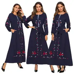 Мусульманская Этническая вышивка, макси-платье, винтажный халат с длинными рукавами, платье для женщин, карманы, длина по щиколотку, платье
