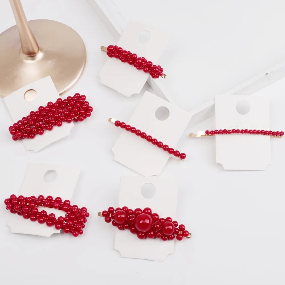 1Pcs New Arrival Korea Fashion Red Pearl Metallic Gold Hair Clip Sweet Girl Wedding Hair Design Accessories Hair Styling Tools