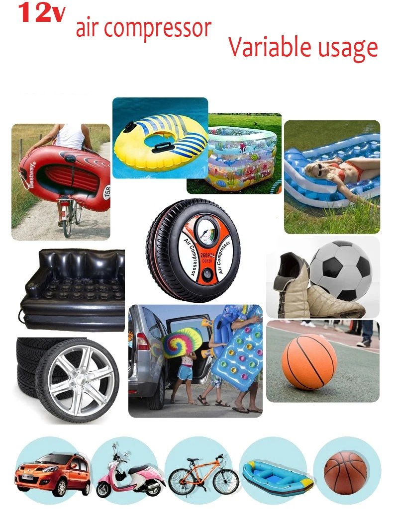 New Round Inflatable Portable 12V Tire Inflator Car Air Compressor Pump Auto 260PSI 3 x Nozzle Adapter High Quality