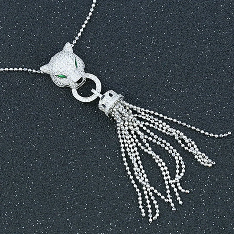 

Luxury AAA Zircon 925 Sterling Silver Leopard Tassel Necklace Leopard Head Animal Necklace Women Wedding