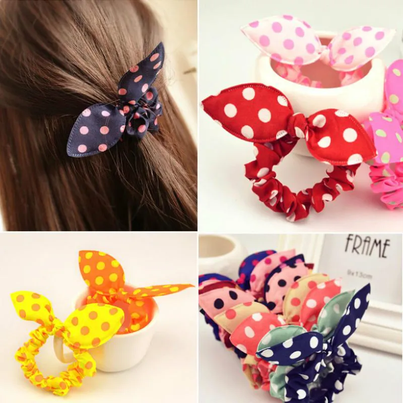 

New 10pcs Lot Mix Style Clips For Hair Band Polka Dot Leopard Trip Hair Rope Rabbit Ears Headwear Hair Tie girl Hair Accessorie