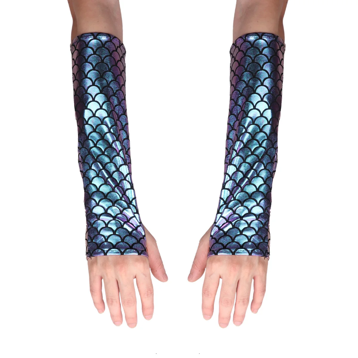 Adult Mermaid Arm Sleeves Gloves Fish Scale Pattern Printed Fingerless Long Gloves Arm Sleeves Halloween Costume Accessory