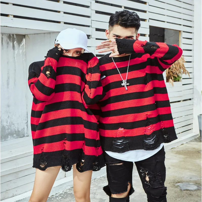 2019 New Ripped Stripe Knit Sweaters Men Hip Hop Hole Casual Pullover Sweater Male Fashion Loose Long Sleeve Sweaters Red Black 2019 New Ripped Stripe Knit Sweaters Men Hip Hop Hole Casual Pullover Sweater Male Fashion Loose Long Sleeve Sweaters Red Black