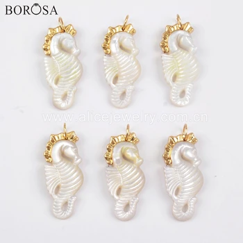 

BOROSA 5/10PCS 18" Gold Plated Pearl Shell Hippocampus Boho Pendants Natural White Shell Carved Sea Horse Women Necklace G1728