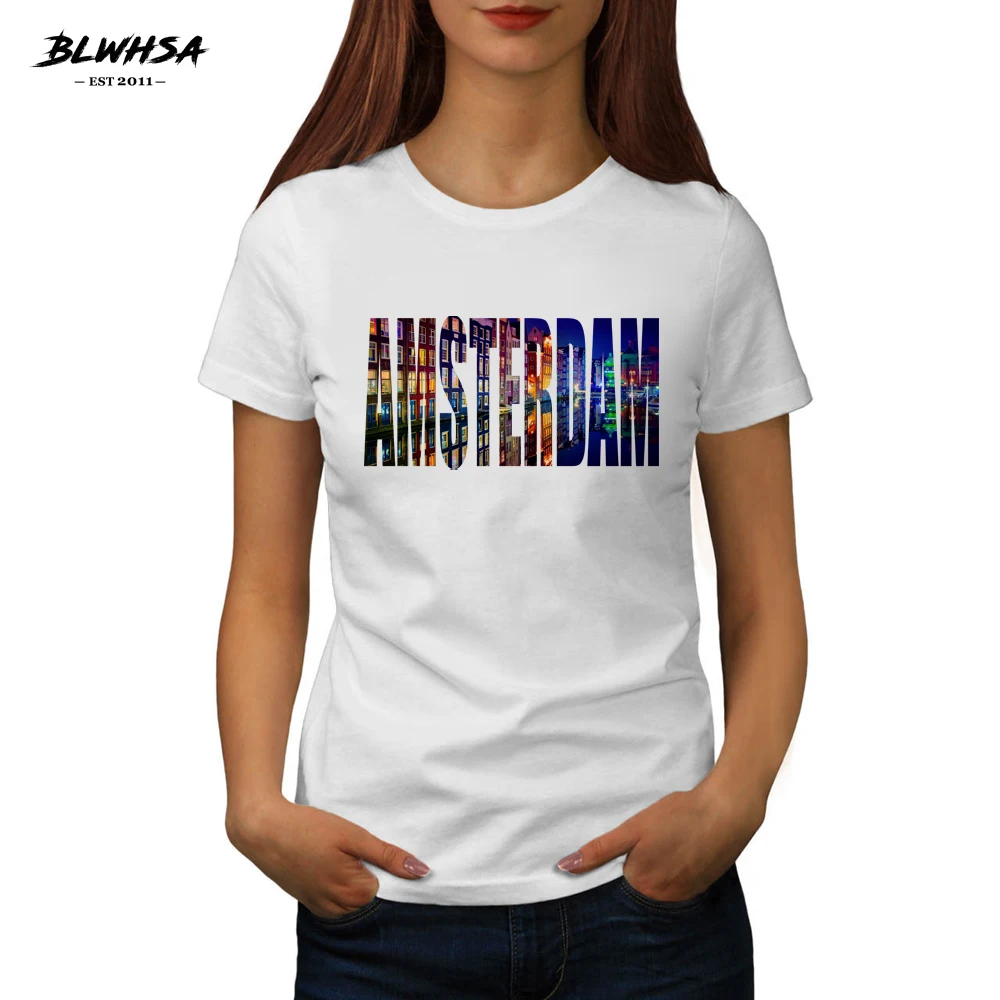 

BLWHSA New Amsterdam Printing T Shirt Women Netherlands City Amsterdam Summer Letter Printed T-Shirts Fashion Funny Women Tshirt