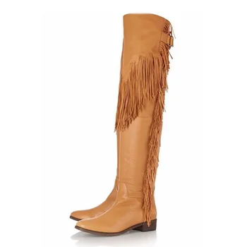 

2018 New Plus Big Size 34-45 Yellow Fringed Sexy Thigh High Boots Over The Knee Round Toe Tassels Women Flat Long Boot