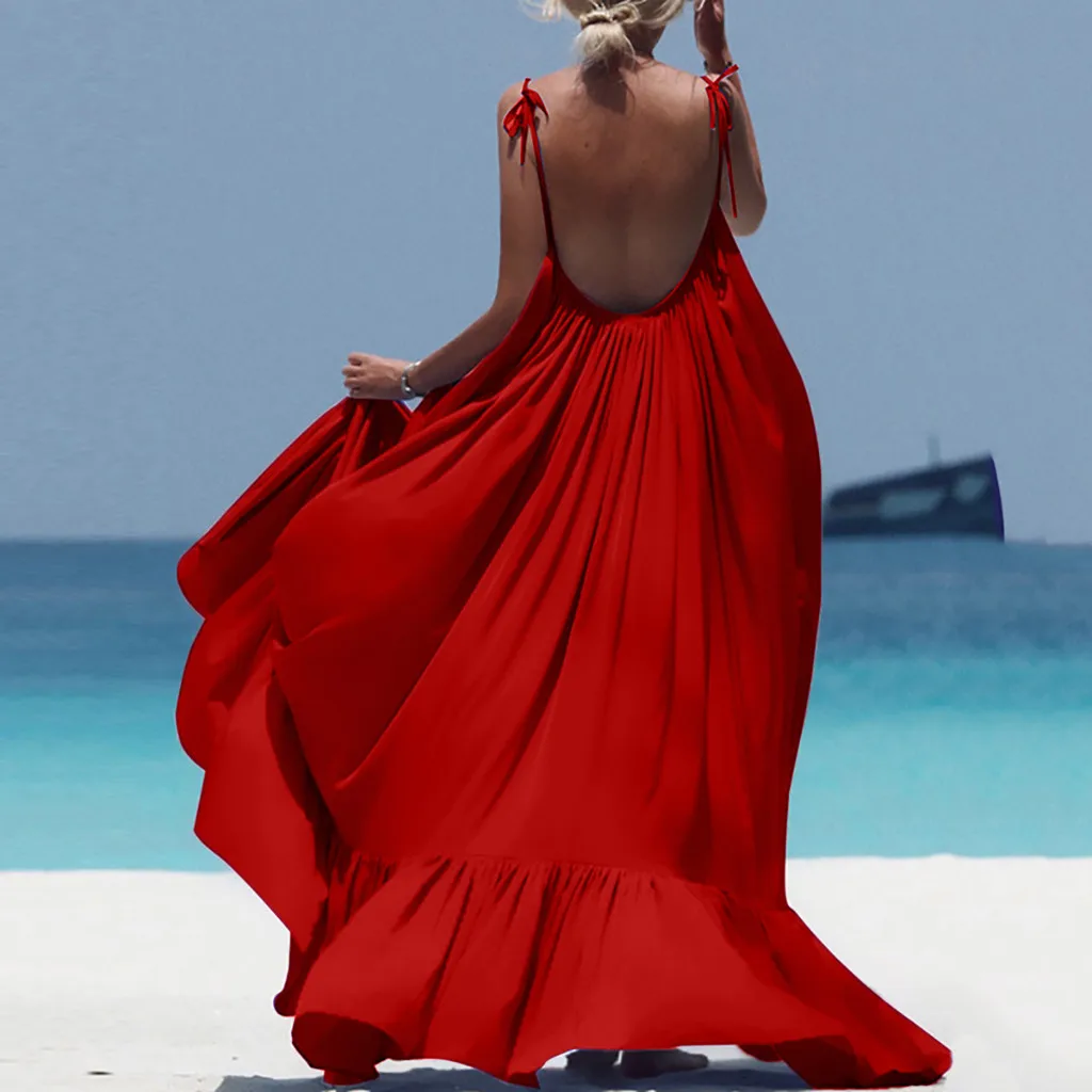 Летнее женское богемное длинное платье на бретельках с открытой спиной, вечернее пляжное сексуальное элегантное свободное однотонное платье Макси без рукавов