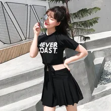 Купальник для подростков, Женский закрытый бикини, женский купальник, женский летний костюм, корейский раздельный черный с буквенным принтом и длинным рукавом