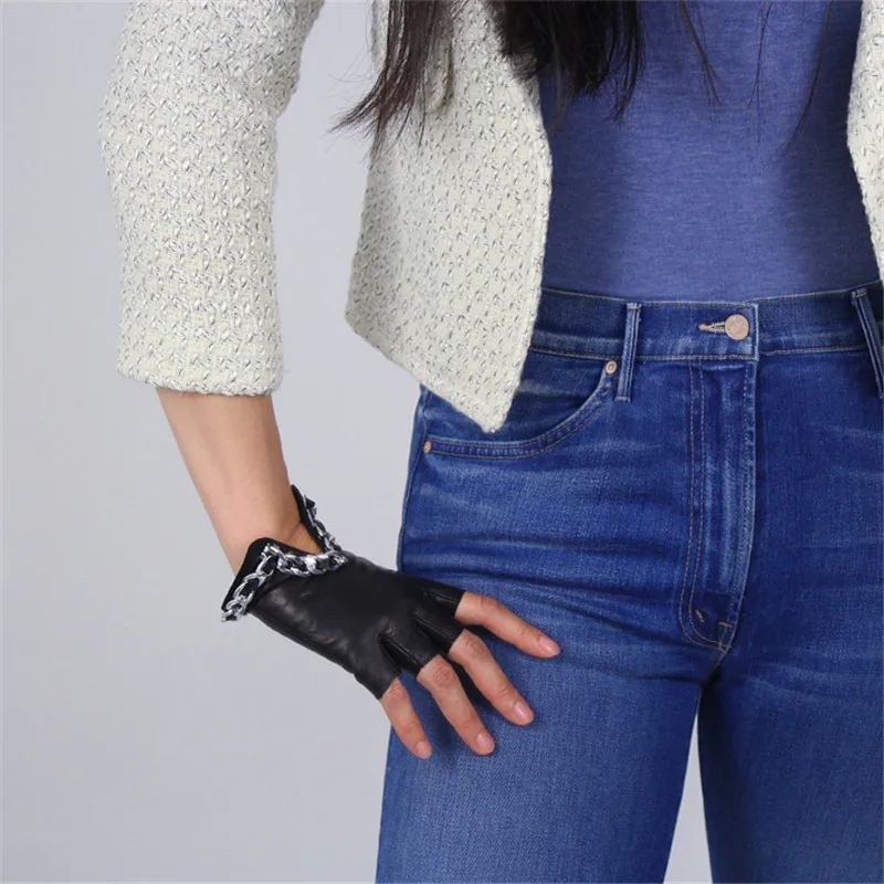 Genuine Leather Gloves Pure Goatskin Black Semi-Finger Ultra Short Touch Screen Female Mittens Silver Chain Decoration TB79-1