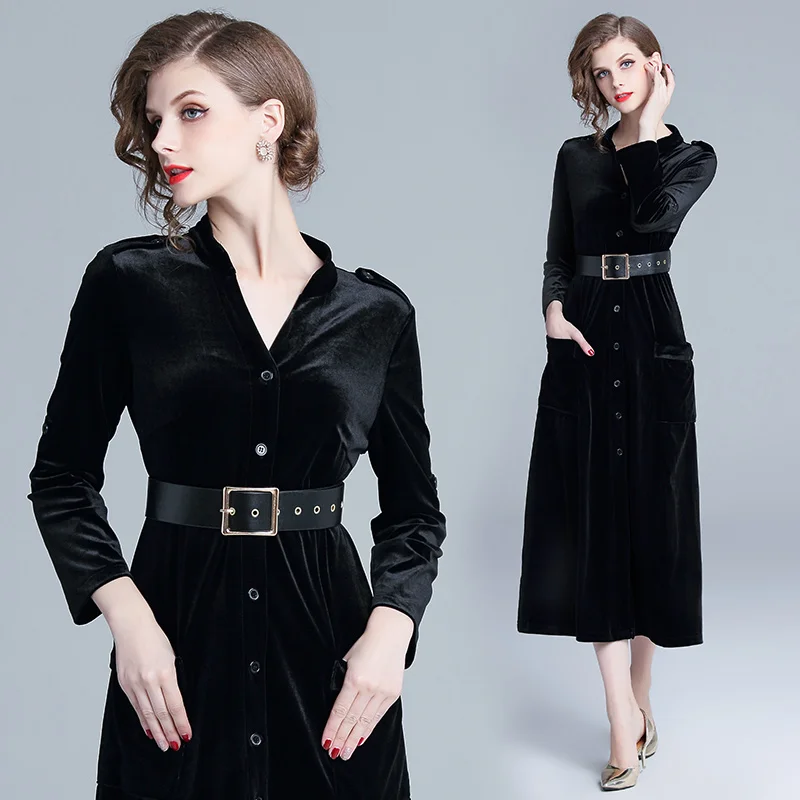 

V-Neck Velour Dress 2019 Elegant Sashes Waist Slim Velvet Dress High Waist A-Line Midi Dresses Long Sleeve Women Party Dress