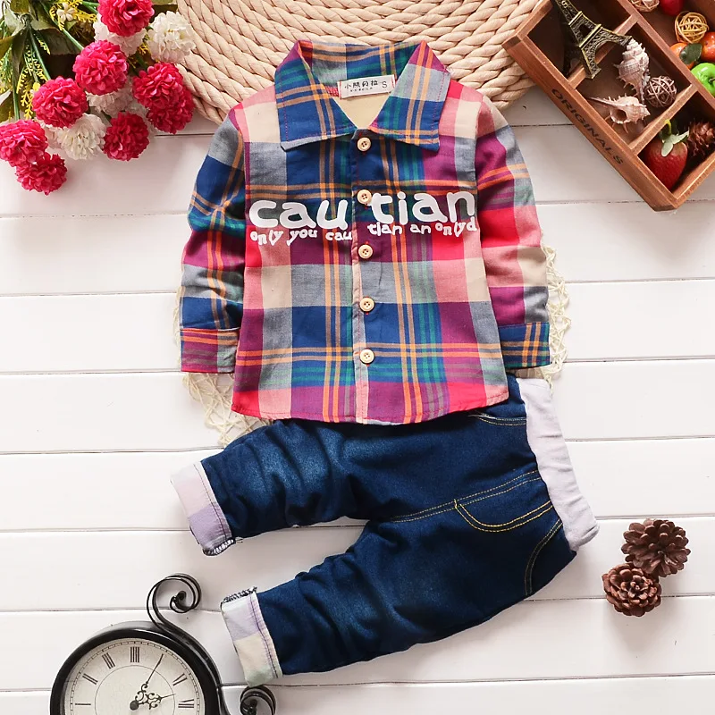02t England Style Fashion Baby Boys Kids Suit Set Plaid Children Shirt