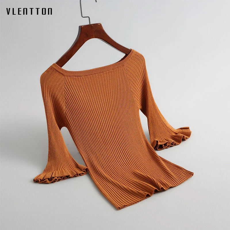2019 New Ruffle Half sleeve Short T Shirt 4 Colors slim Pullover Sweaters Women Spring autumn Elegant Ladies Knitted Tops 2019 New Ruffle Half sleeve Short T Shirt 4 Colors slim Pullover Sweaters Women Spring autumn Elegant Ladies Knitted Tops