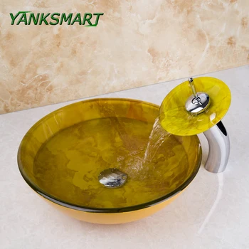 

YANKSMART Yellow Round Washbasin Lavatory Vessel Tempered Glass Bathroom Sink & Chrome Waterfall Faucet Mixer Tap With Drain Set