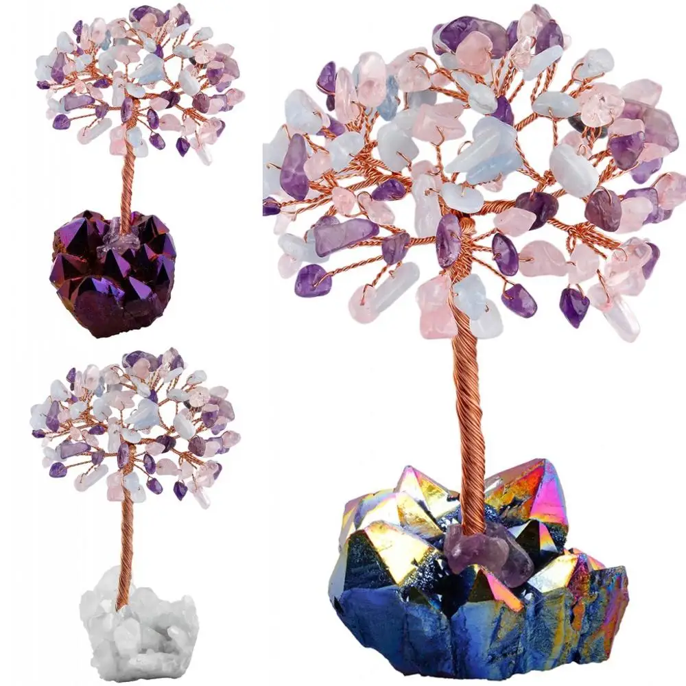 TUMBEELLUWA Natural Multicolor Crystal Tree Reiki Titanium Coated Cluster Base Bonsai Lucky Money Sculpture Decor | Украшения и