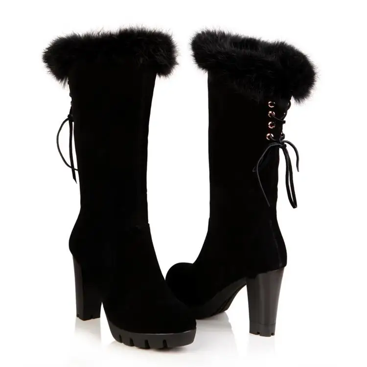 2015 Fashion Women Snow Boots Sexy Spiked High Heels Rabbit Fur Uppers Winter Shoes Round Toe Platform Half Knee Boots H5743