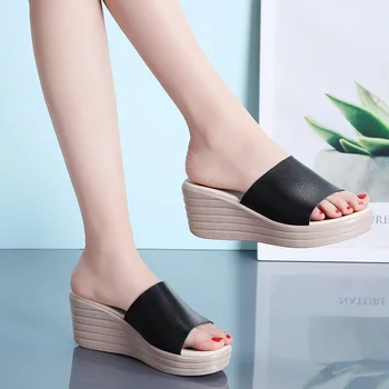 

women slippers buckle real leather slides shoes solid thick sole heels beach sandals women outside flip flops summer hjm7