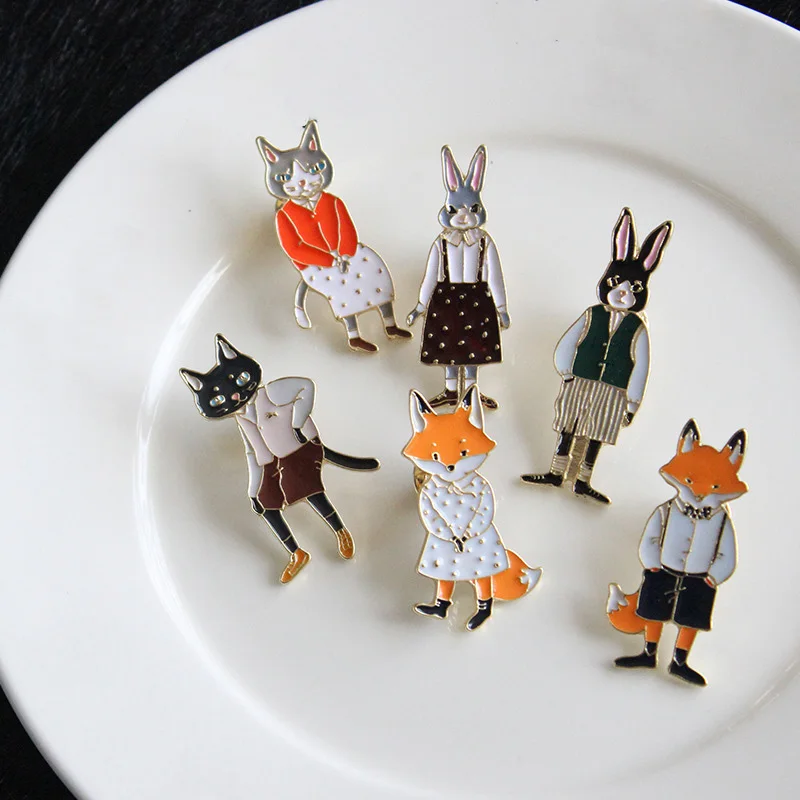 

UALGL Fashion Two PCS Creative Enamel Lapel Clip Collar Pin Cat Rabbit Fox Animal Brooches For Women Sweater Accesseries Jewelry
