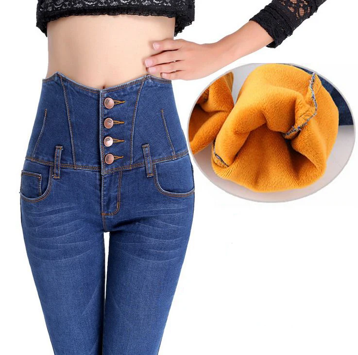 2016 Warm Jeans For Women Thicken Pants Winter Jeans Female Stretch Straight Fashion High Waist