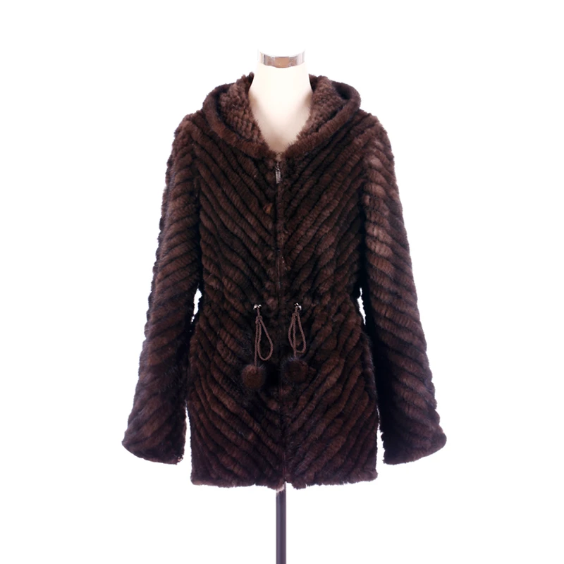 ZY81011 Ladies Real Knitted Mink Fur Full Sleeve With Hooded Fur  Coat Jacket Winter Women Fur Coats Female Mink Fur Overcoat packable down jacket