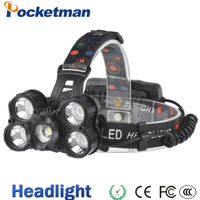 

Headlight 35000 Lumen headlamp 5 Chip XM-L T6 LED Head Lamp Flashlight Torch Lanterna Headlamp with batteries AC charger