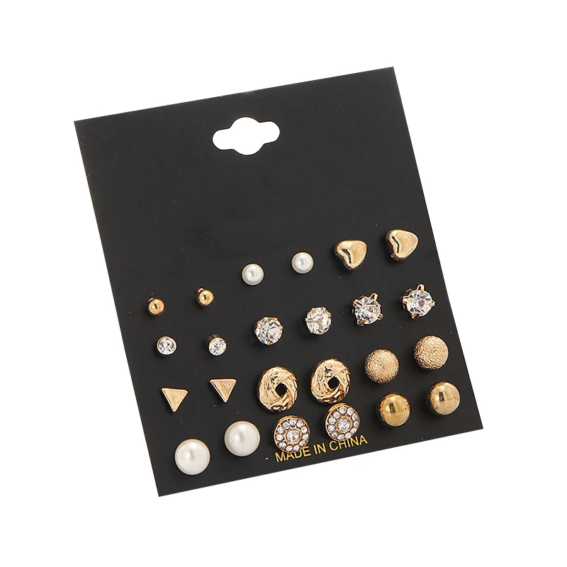 

12 Pcs/set Crystal Alloy Round Ball Gold Silver Color Stud Earrings Vintage Simulated Pearl Earring Set For Women Brincos Gifts
