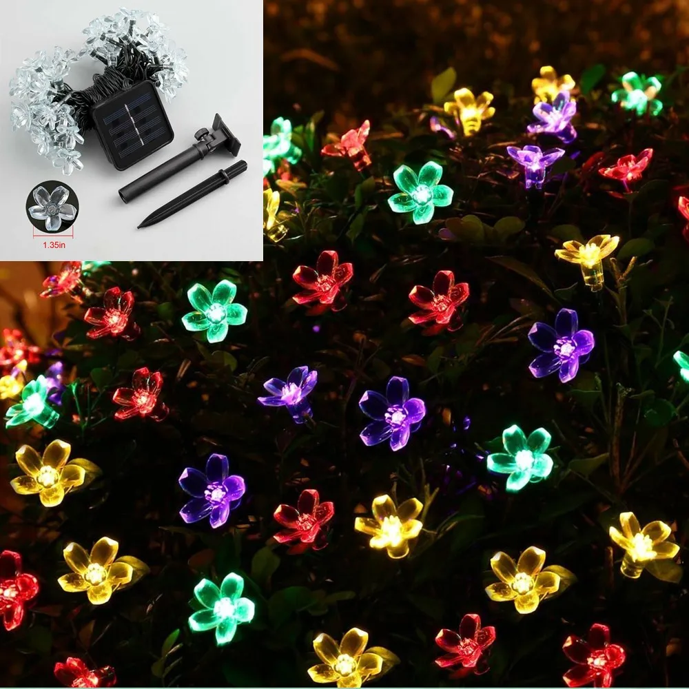 Waterproof 7 M 50 LED Cherry Blossom Bunga Surya Peri String Lights Pernikahan Pohon Natal Festival Taman Luar Ruangan Dekorasi