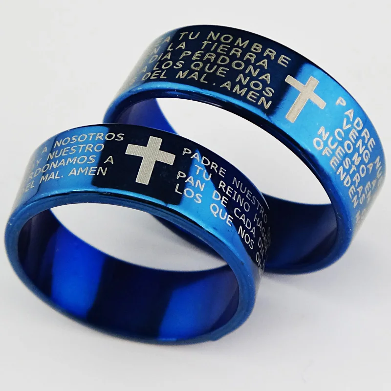 Натуральная воловья 6 м религиозные синий 316L Титан Нержавеющая сталь крест стихов Для Мужчин's Для женщин кольцо бижутерия оптом A065