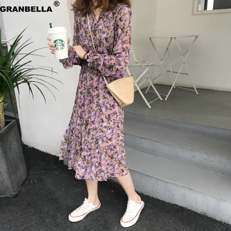 

Retro Beautiful Rose Flower Print Women Chiffon Boho Party Dress New Trendy Ruffle Swing Dresses Spring Autumn Korean Dress