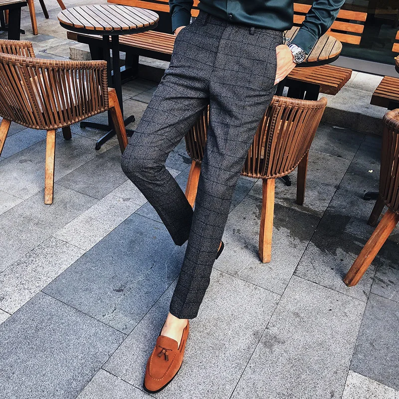 

2019 Autumn Winter Korean Men Fashion Business Casual Slim Classic Lattice Western-style Trousers Bound Feet Plaid Suit Pants