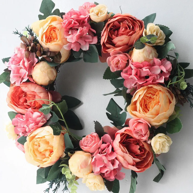 

Handmade Garland Simulation Silk Cloth Fake Flower Wedding Artificial Peony Wreath Decorative Rattan Home Door Wall Decoration