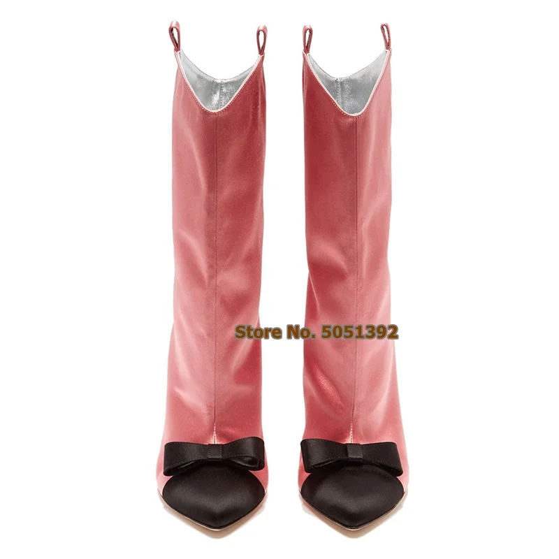 

Women Pointed Toe Mid-calf High Thin Heel Satin Fashion Short Boots Bling Rhinestone Bowtie Large Size Butterfly-knot