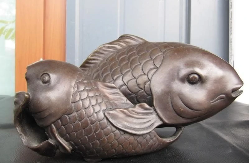 China Fokh Classic Pure Bronze Copper Fengshui Carved Two cyprinoid