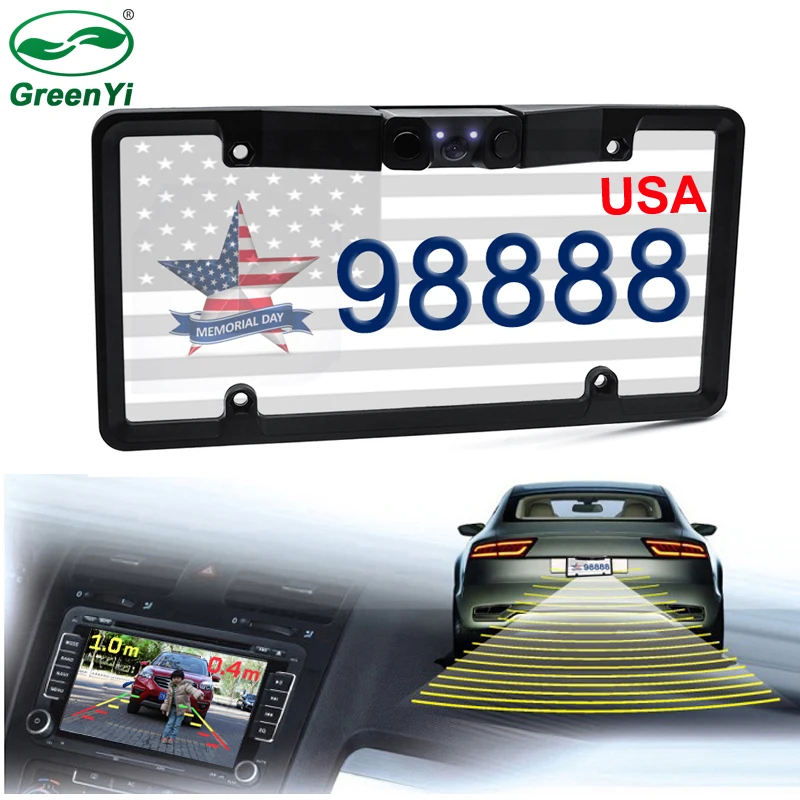 

GreenYi Car License Plate Frame Video Parking Sensors With LED Night Vision Rear View Camera For United States, Mexico, Canada